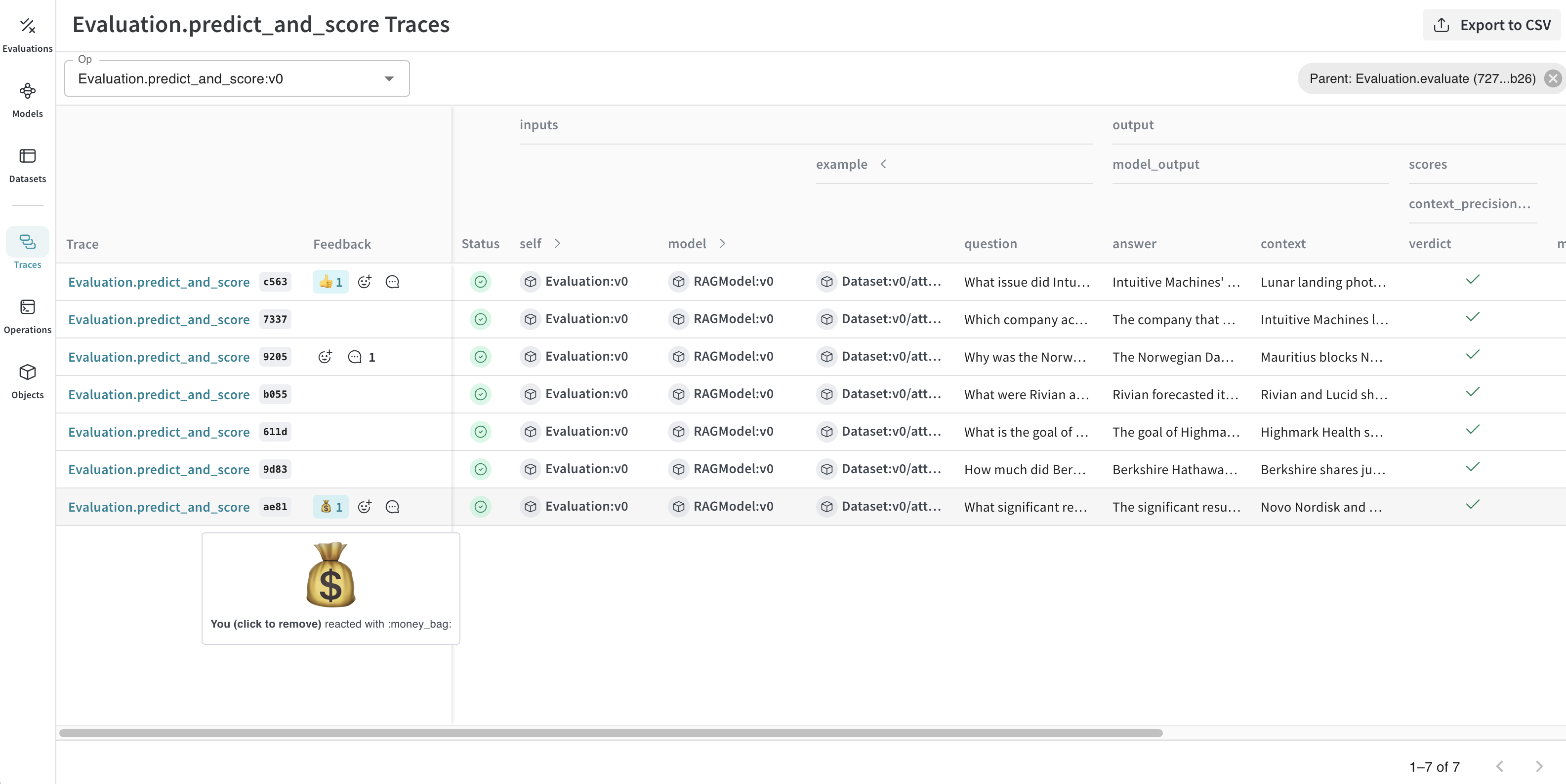 Screenshot of calls grid with feedback column