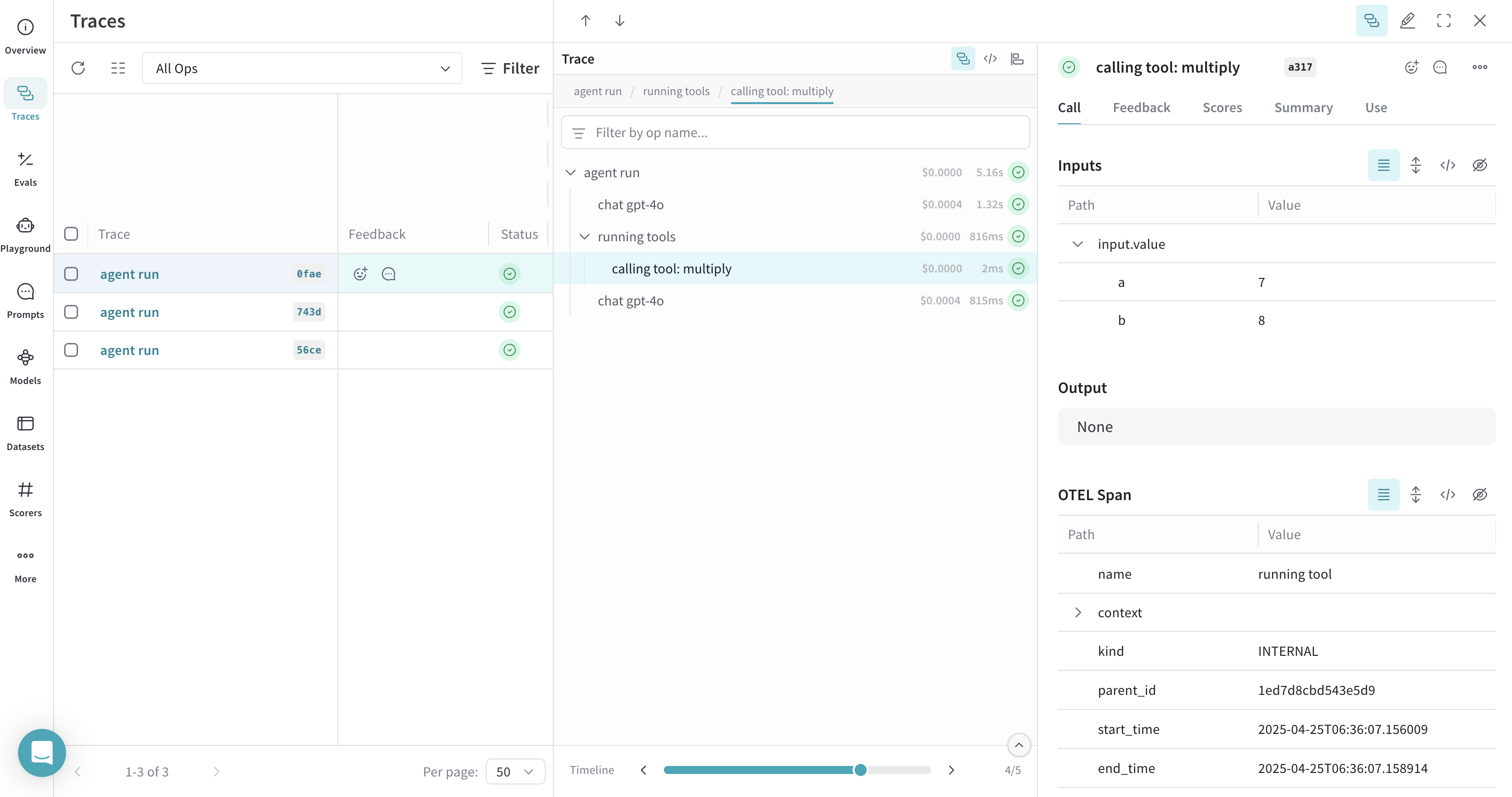 A trace visualization of a tool call