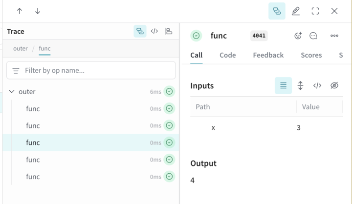 The Trace UI, showing a single parent call for outer, with five nested child calls.