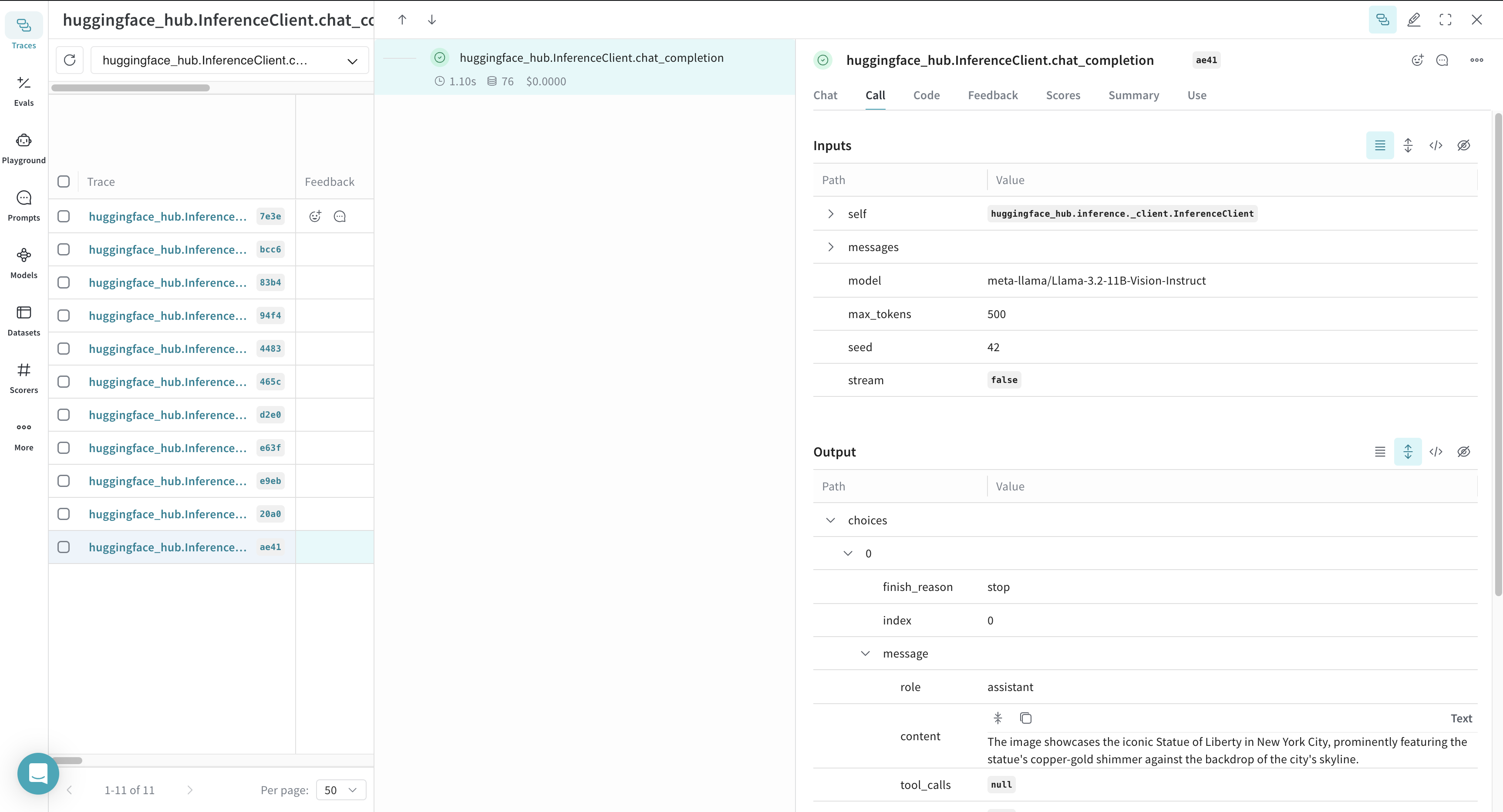 Weave logs each inference call, providing details about inputs, outputs, and metadata.