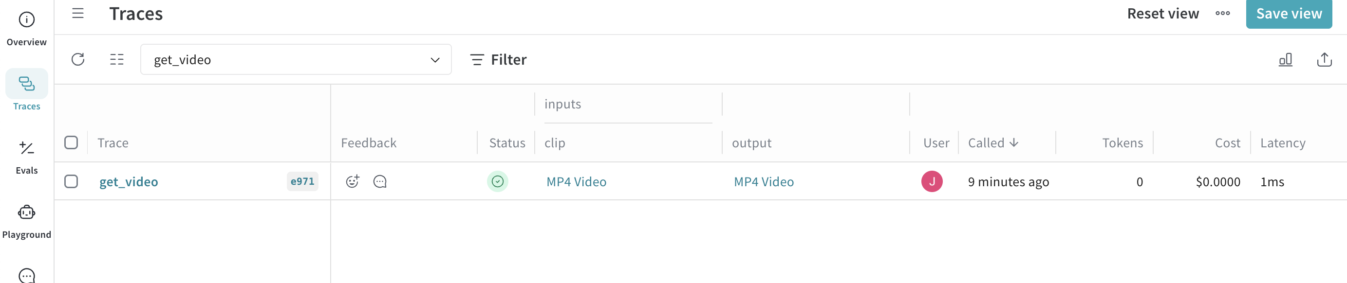 A trace of a video processing function in the Traces table.